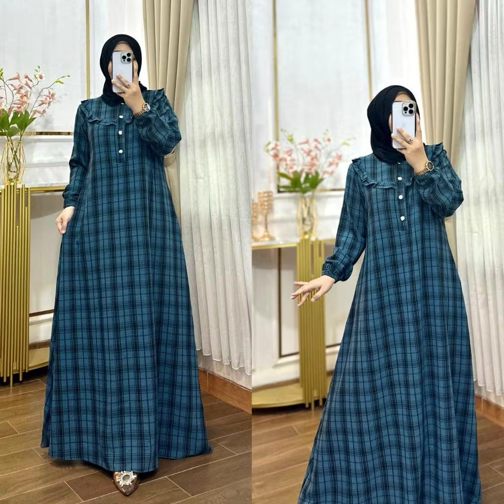 Gamis SYAFIRA Babydoll Bahan Motif Salur Variasi Kancing Katun Super Soft - Tatreez Muslim Store