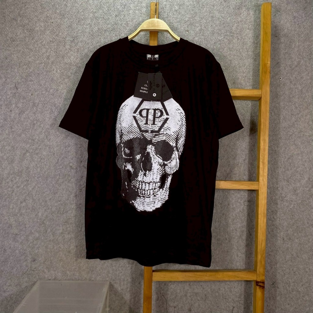 KAOS T-SHIRT PHILIPP PLEIN SKULL FINGERPRINT HITAM