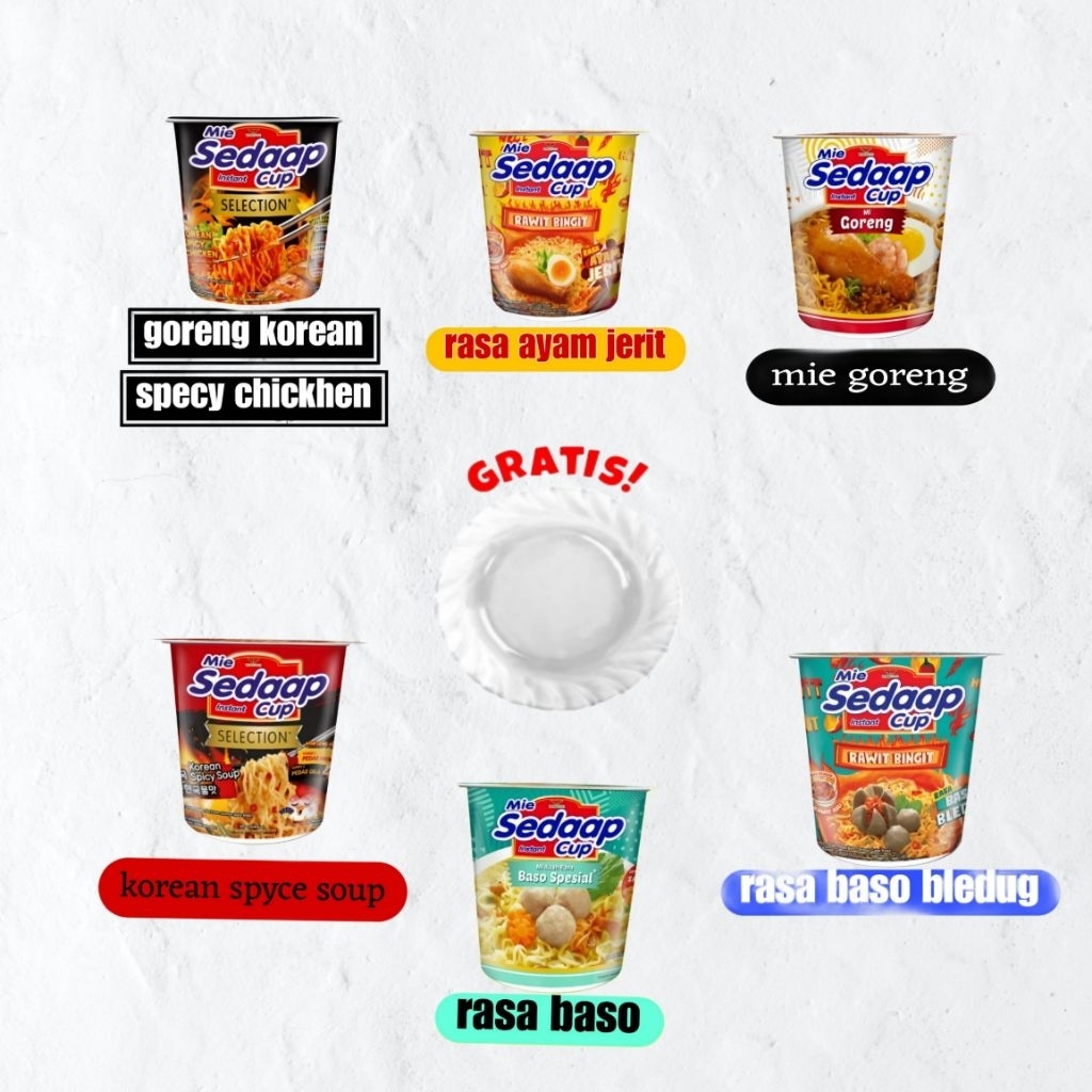 

mie sedaap cup paket hemat 5pcs sedap cup all varian rasa campur ,gratis piring cantik ada 6 variant rasa
