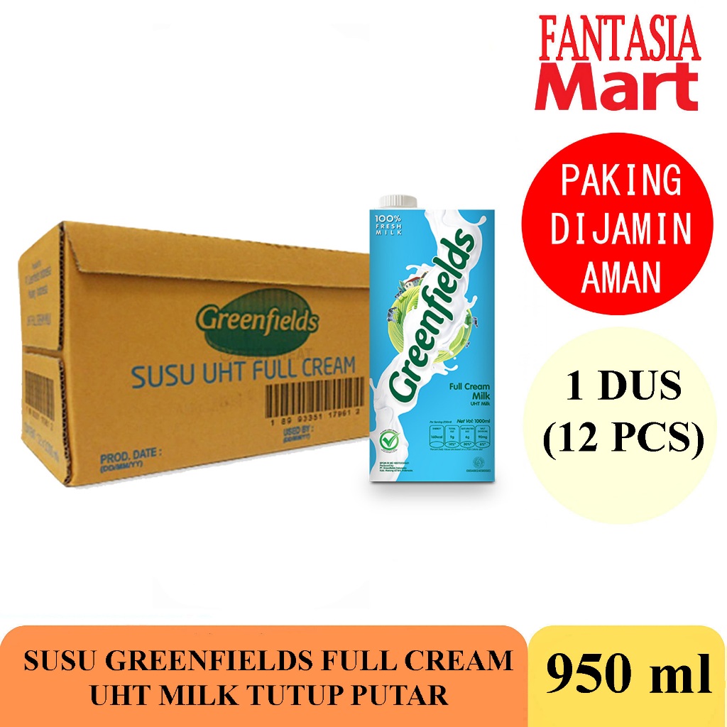 

GREENFIELDS SUSU FULLCREAM 950 ML UHT DUS ISI 12 PCS FUN CORNER DENGAN PAKING AMAN