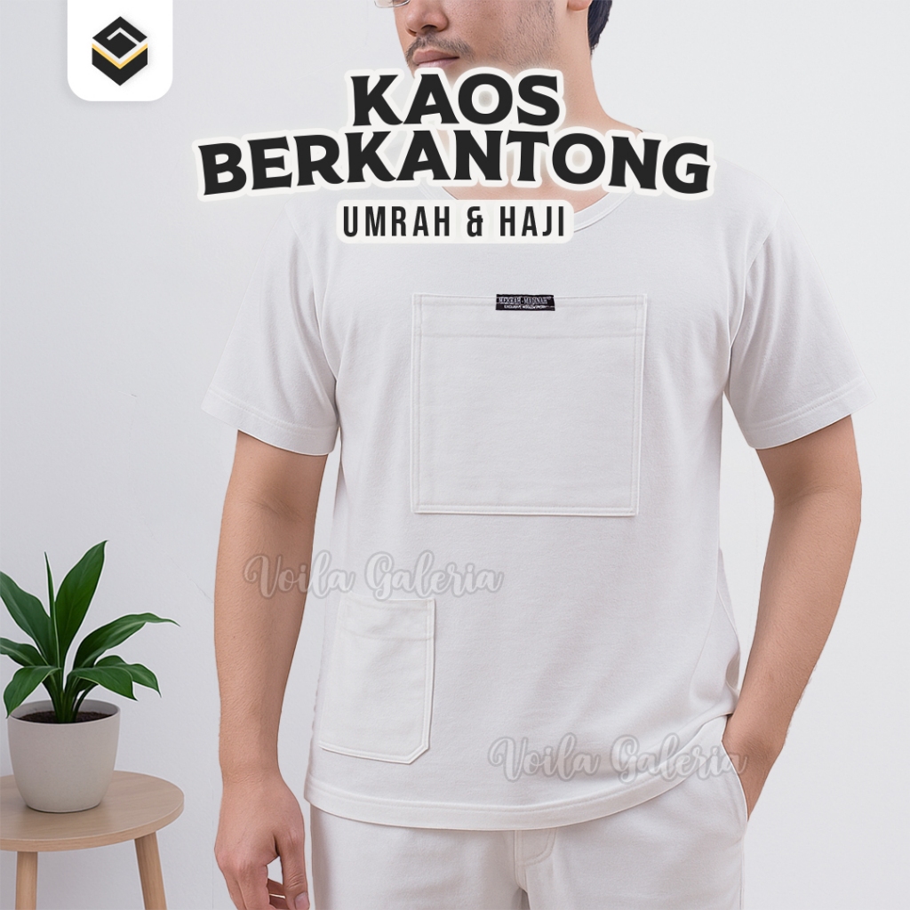 Kaos Kantong Pria Haji Umroh Pocket Shirt Baju Ihrom Oblong Kaos Dalam Putih Laki Laki