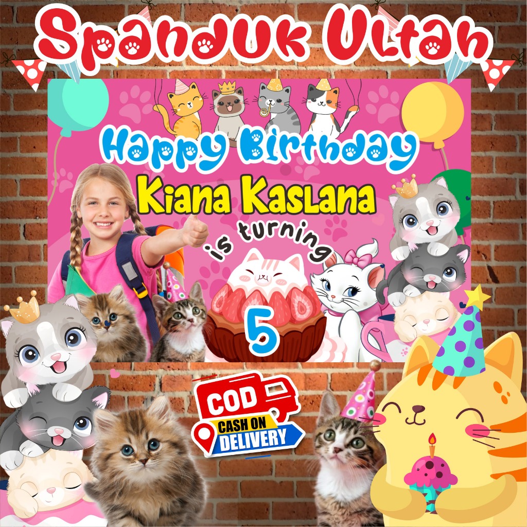Spanduk Ulang Tahun Anak Lucu Tema Karakter Kucing | Banner Ultah Kucing Lucu | Backdrop Ulang Tahun