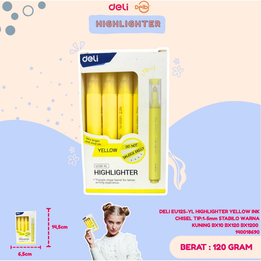

DELI EU12S-YL HIGHLIGHTER YELLOW INK CHISEL TIP:1-5mm STABILO WARNA KUNING