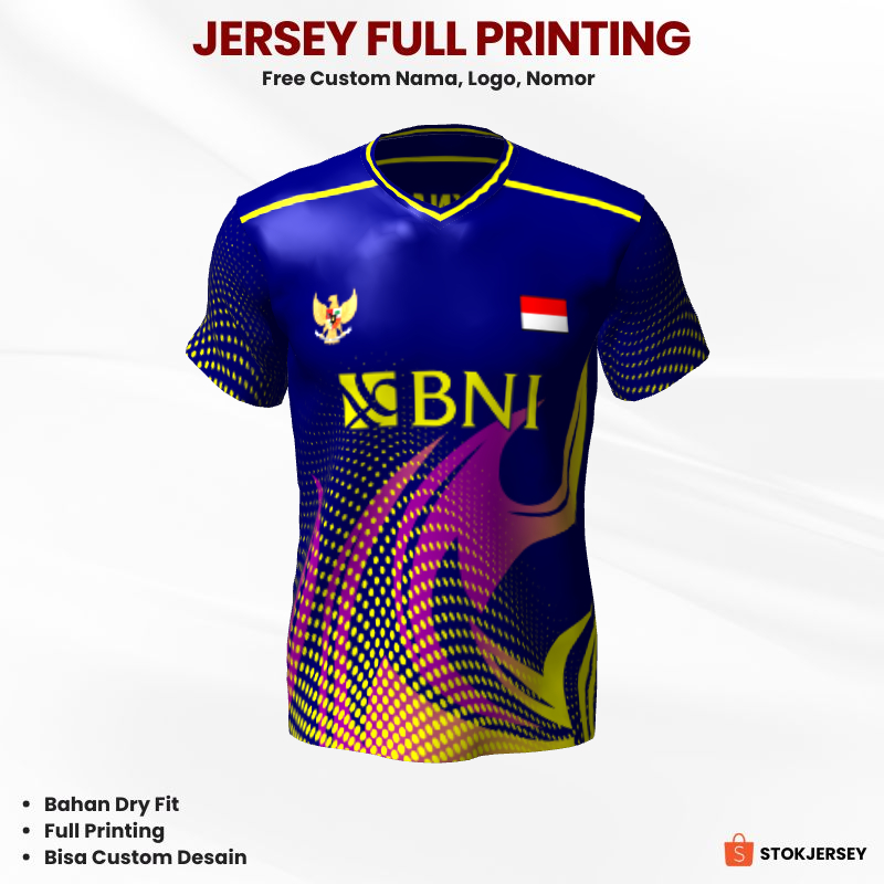 Kaos Jersey Badminton Navy Ungu Kuning Motif Abstrak Polkadot 86 - Jersey Olahraga Custom
