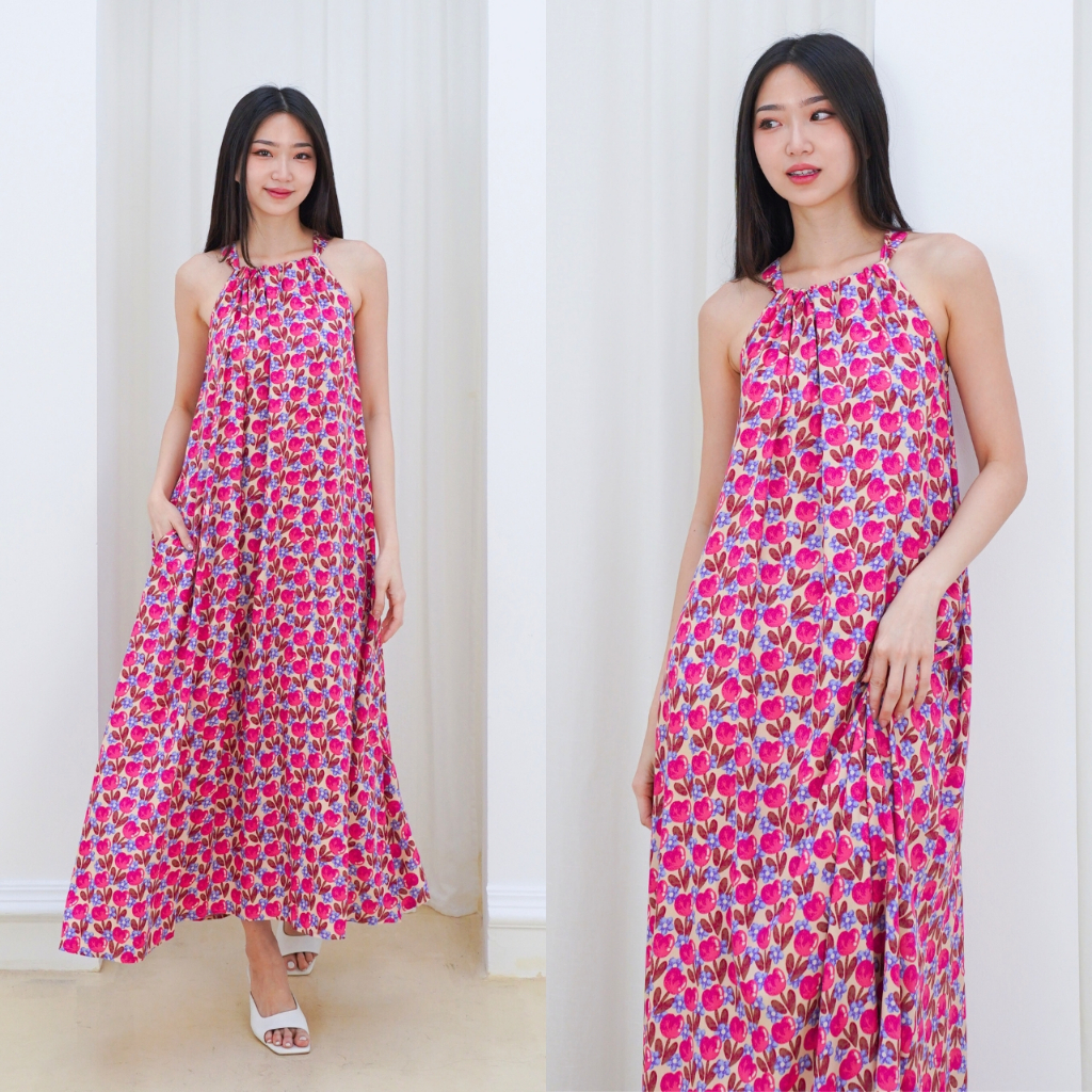 Dress Pantai Wanita Sleeveless Long Dress Bahan Rayon Motif Bunga