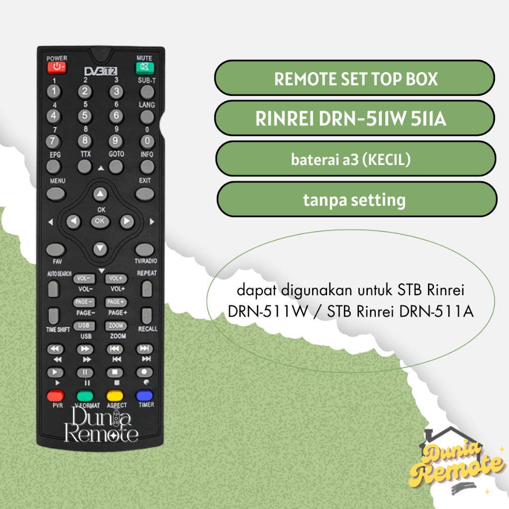 Remot Remote Set Top Box RINREI DRN-511W 511A DVB T2 STB DVB TK Rinrei tanpa setting