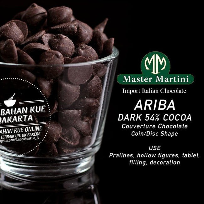 

Master Martini Ariba 54% 500gr Dark Chocolate Couverture Coklat Koin Cokelat Baking