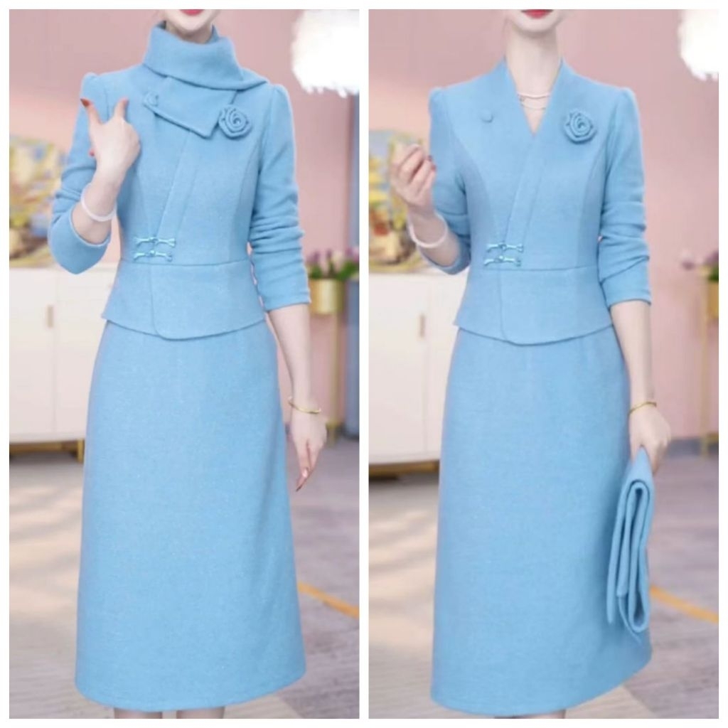 Midi Dress Premium Import Biru Muda Syal (FCTI1488)