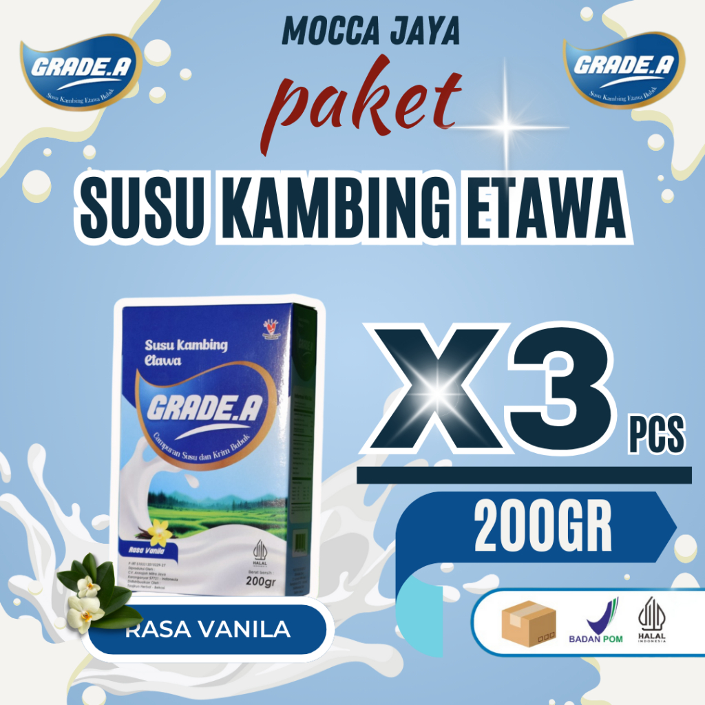 

PAKET 3 BOX GRADE.A SUSU KAMBING ETAWA BUBUK RASA VANILA 200GR BOX