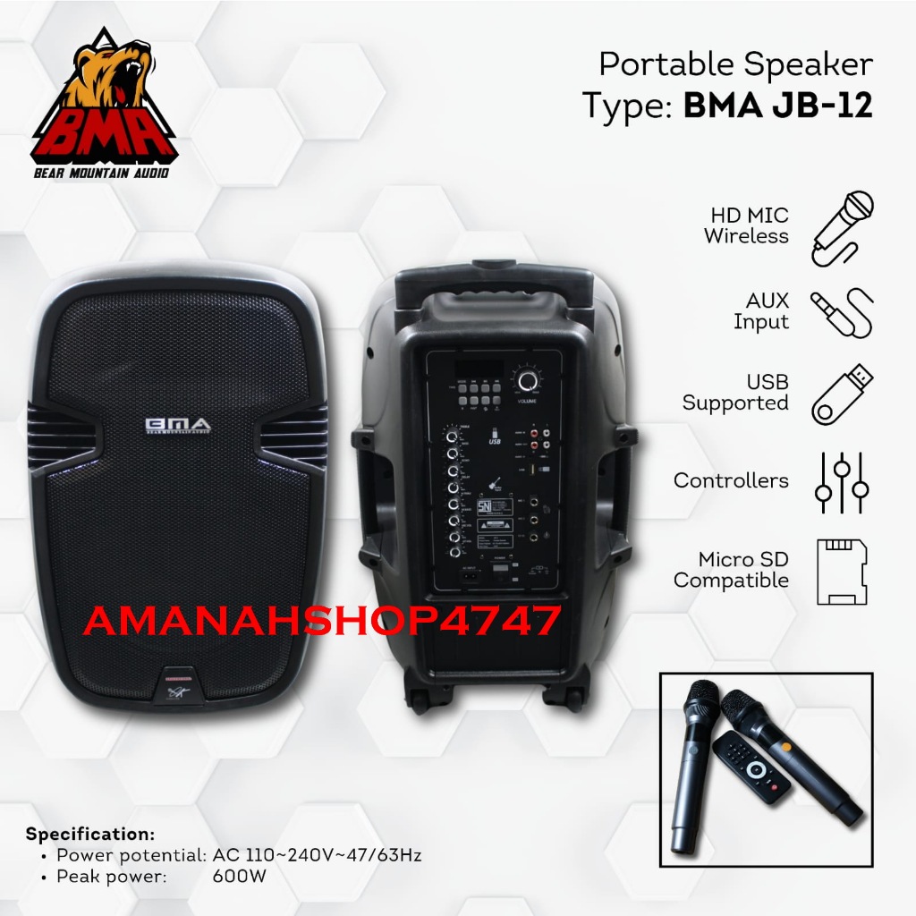 Speaker Portable 12 inch BMA JB12 / JB 12 Portable Speaker Include 2 Mic jb-12 Original