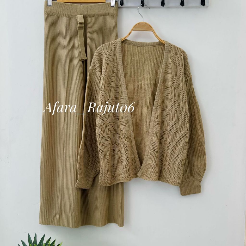 Oneset Corak Kotak Cardigan Rajut Motif Kotak-Kotak Setelan Celana Kulot Premium Wanita Lengan Panja
