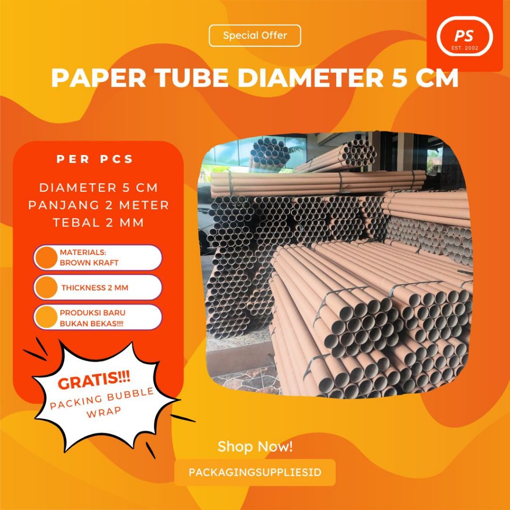 

(BARU) PAPER TUBE / TEMPAT POSTER / TABUNG KARTON STICKER TANPA TUTUP 5 CM x 200 CM (2Meter) | packagingsupplies.id