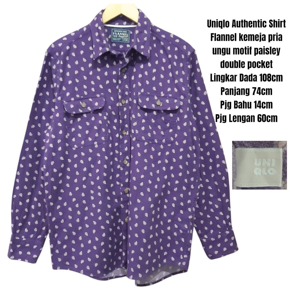 Uniqlo Flannel kemeja pria ungu motif paisley double pocket