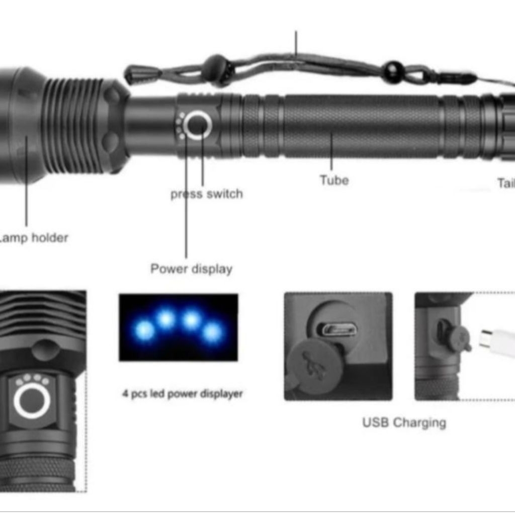 Senter LED XHP90 XHP70 USB 90000 lumens senter zoom charger + BATRAI 26650