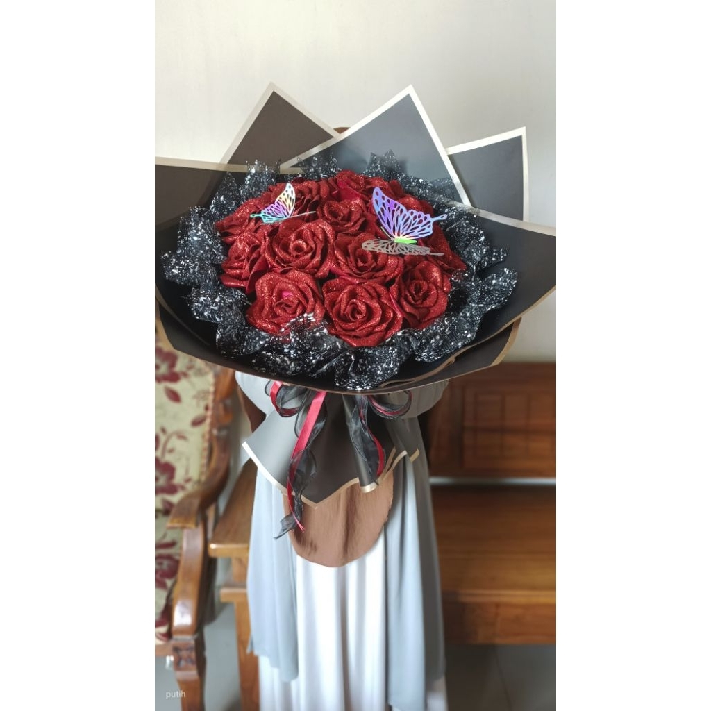 

buket pita satin gliter, buket wisuda, buket elegan