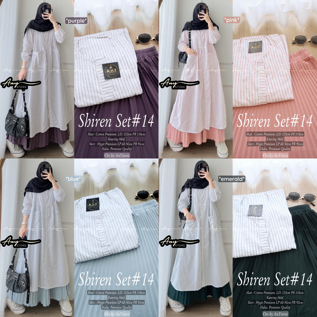 Shiren Set Baju Muslim Setelan Tunik Katun Casual Rok Plisket Premium