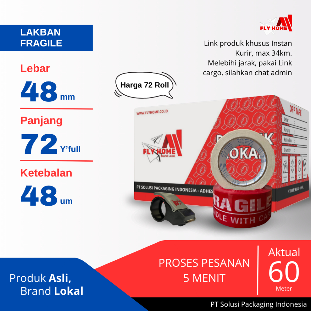 

FLYHOME Lakban fragile merah putih 72yard 2inci 48x72 yard 1 dus - 72Rolls printing segel INSTAN