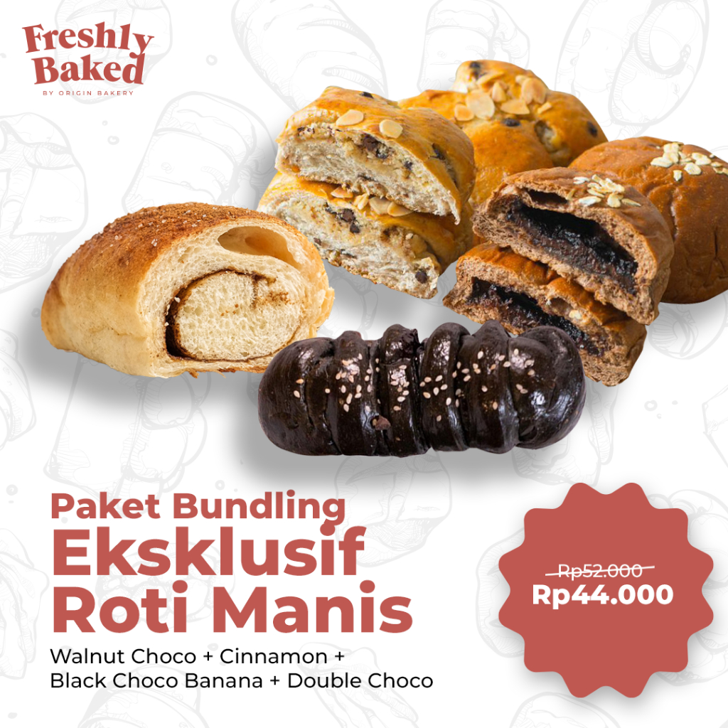 

Eksklusif Bundling Roti Manis: Walnut Choco + Double Choco + Black Choco Banana + Cinnamon - Paket 4 Roti Manis