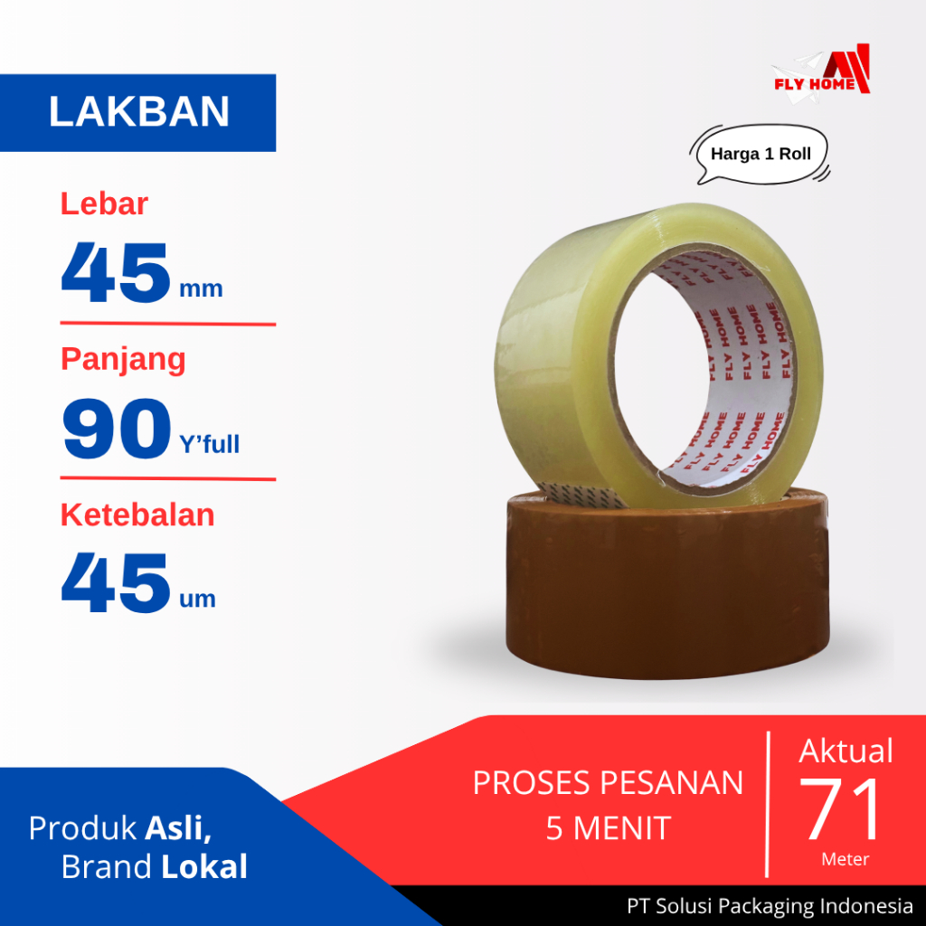 

FLYHOME Lakban bening coklat 2inci 90yard 45x90 yard 1roll ukuran FULL