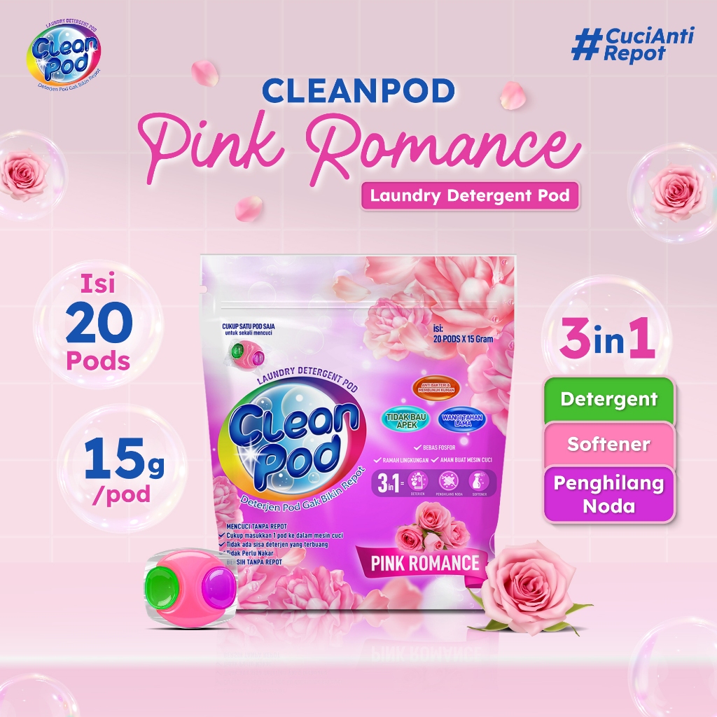 [ CLEANPOD ] CleanPod Pink Romance Scent Laundry Detergent Pods (1 Pack 20 Pods x 15 Gr)
