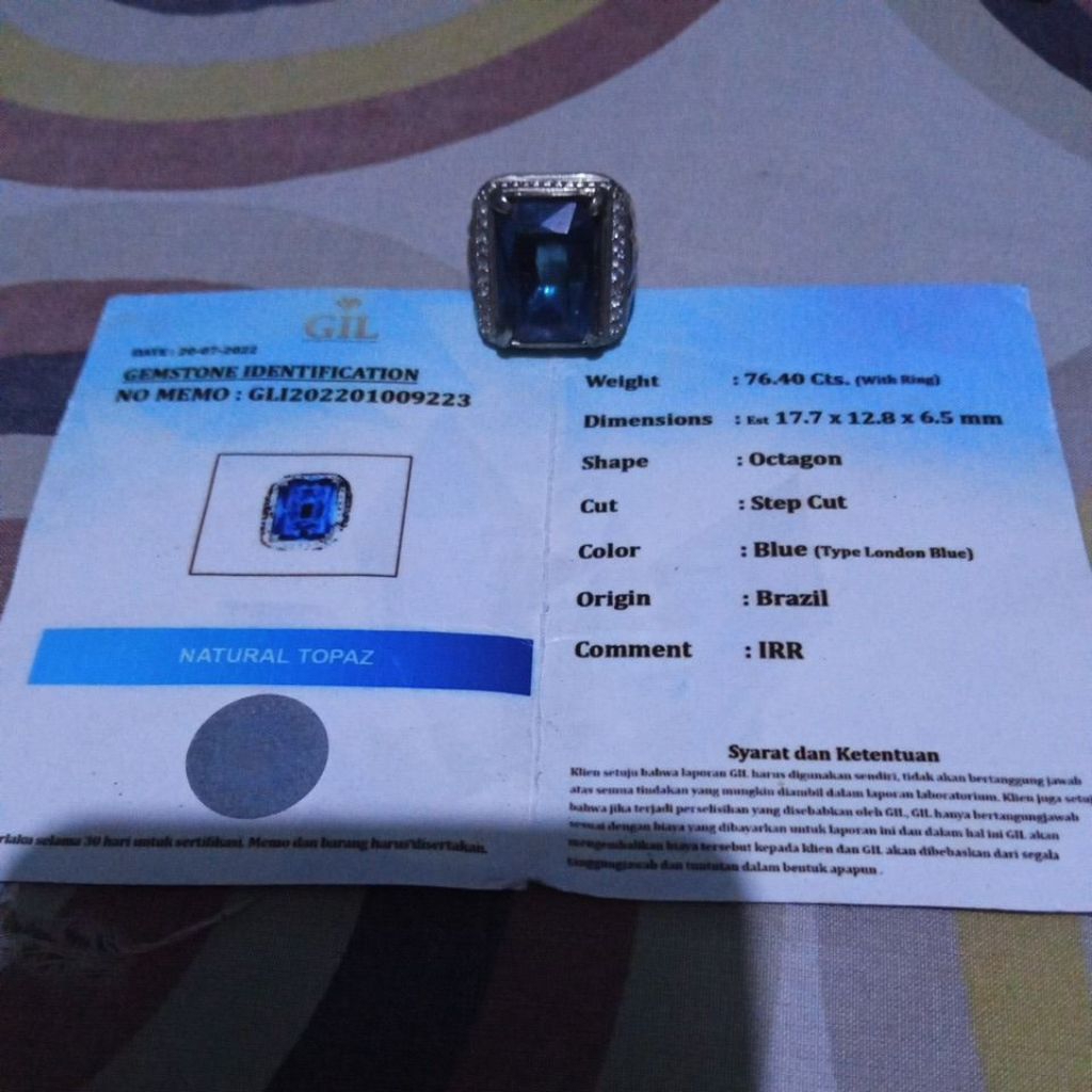 Batu Cincin Blue Topas Natural