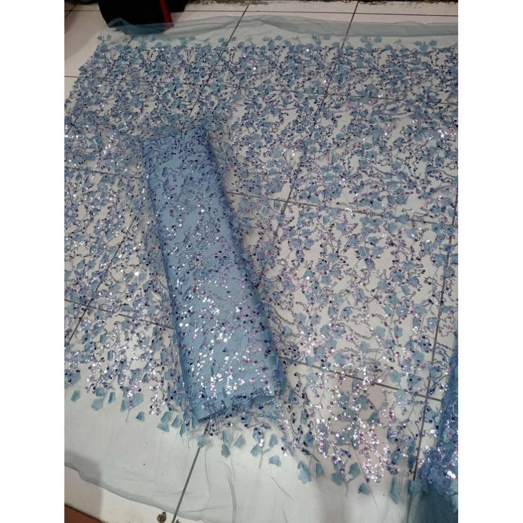 BAHAN KAIN TILLE SQUIN SPANGEL BUNGA 3D TIMBUL/TULLE PAYET BAHAN KEBAYA WANITA