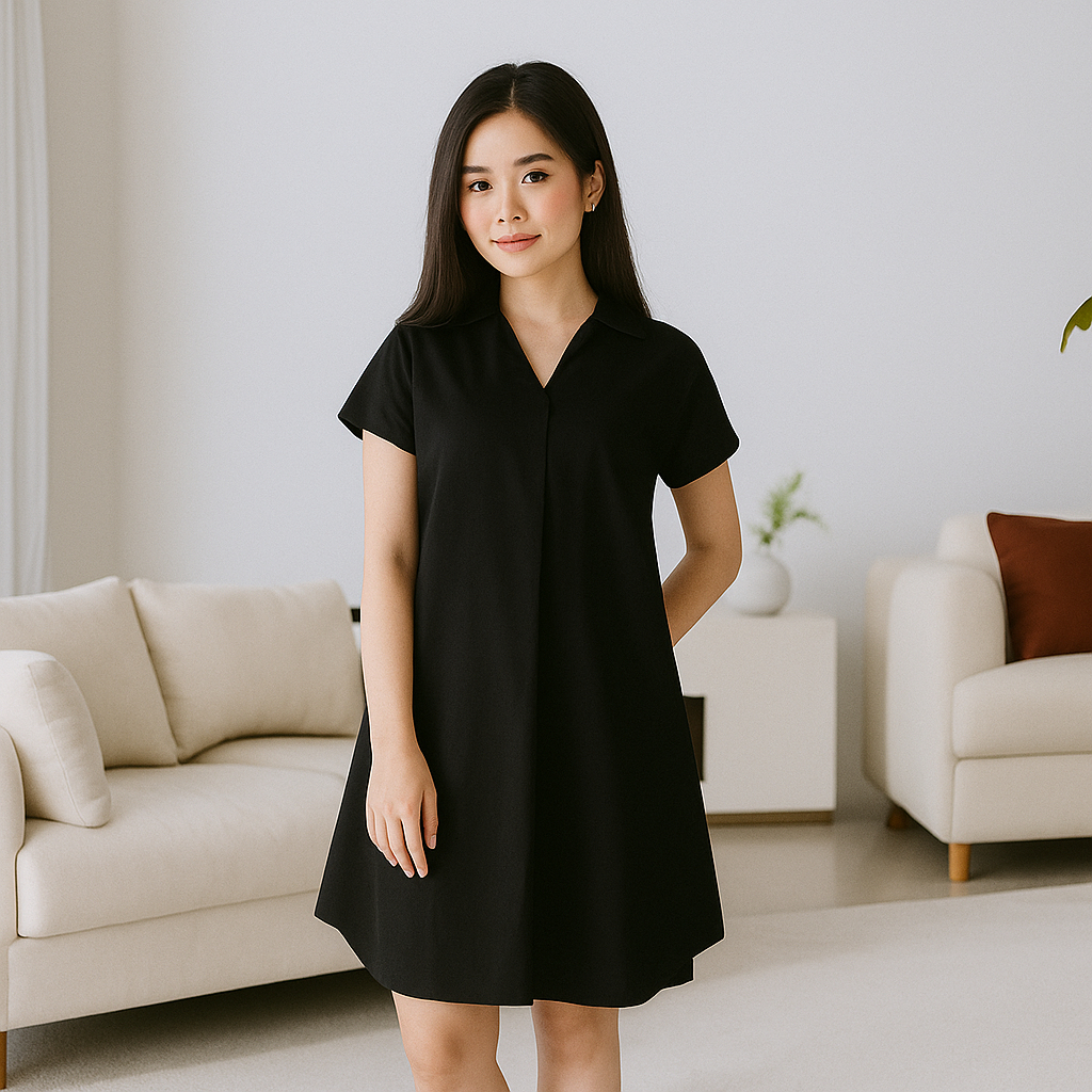 Fashion Fabric - Dress Wanita Casual A-Line Mini Dress Kerah V-Neck lipat Lengan Pendek #4106