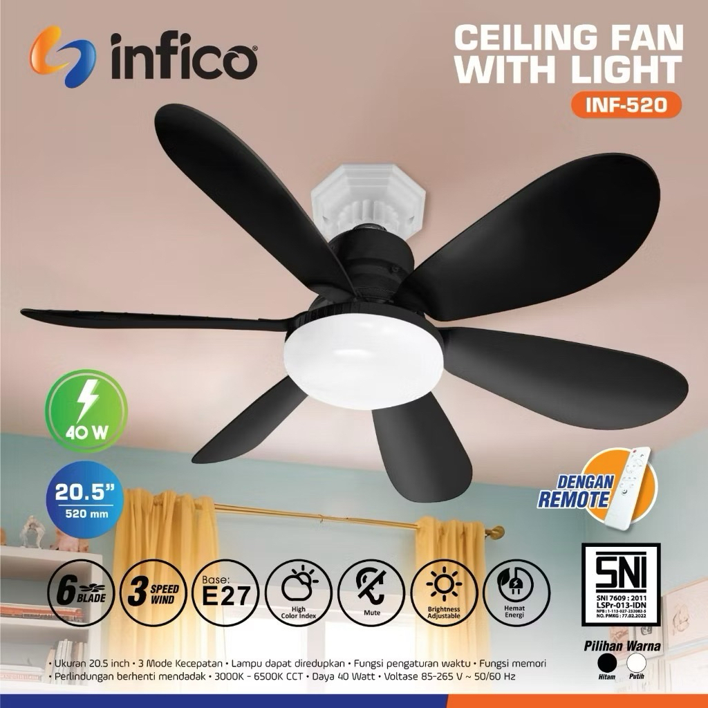 Ceiling Heli Fan + Lampu LED Kipas Angin INFICO INF-520 Remote 6 Blade 20” Kipas angin Plafon Lampu 