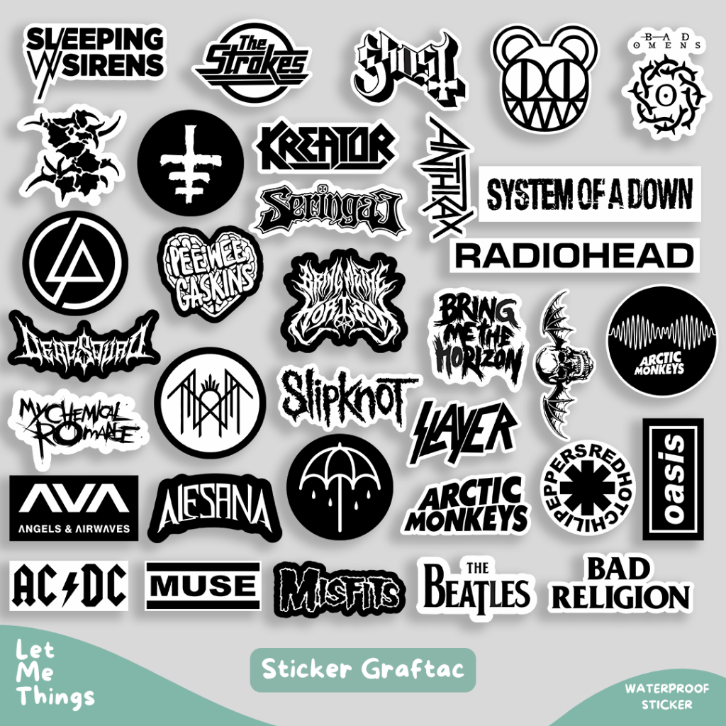 

34pcs stiker pack aesthetic band black white || stiker helm laptop case hp bmth slipknot oasis
