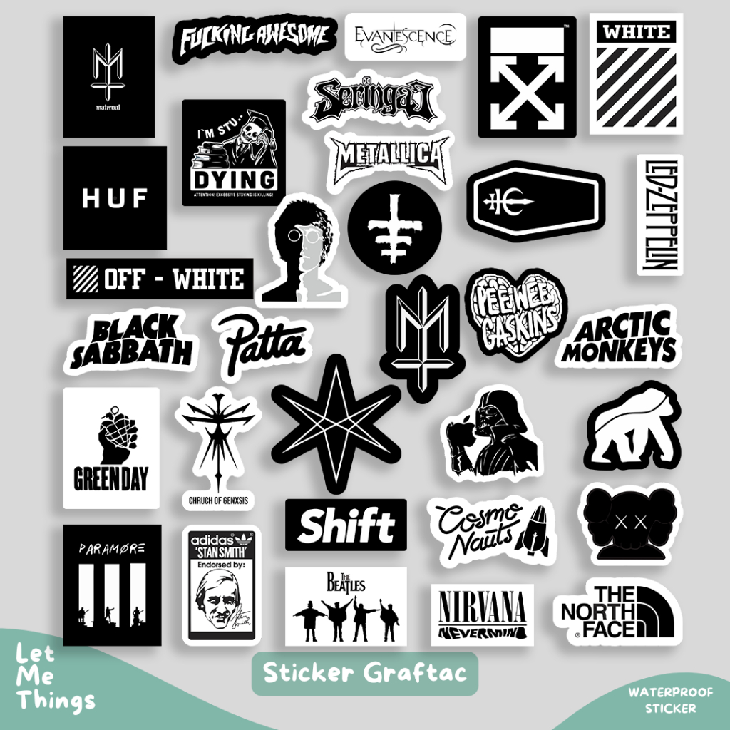 

32pcs stiker pack aesthetic band brand black white || stiker helm laptop case hp bmth slipknot oasis maternal