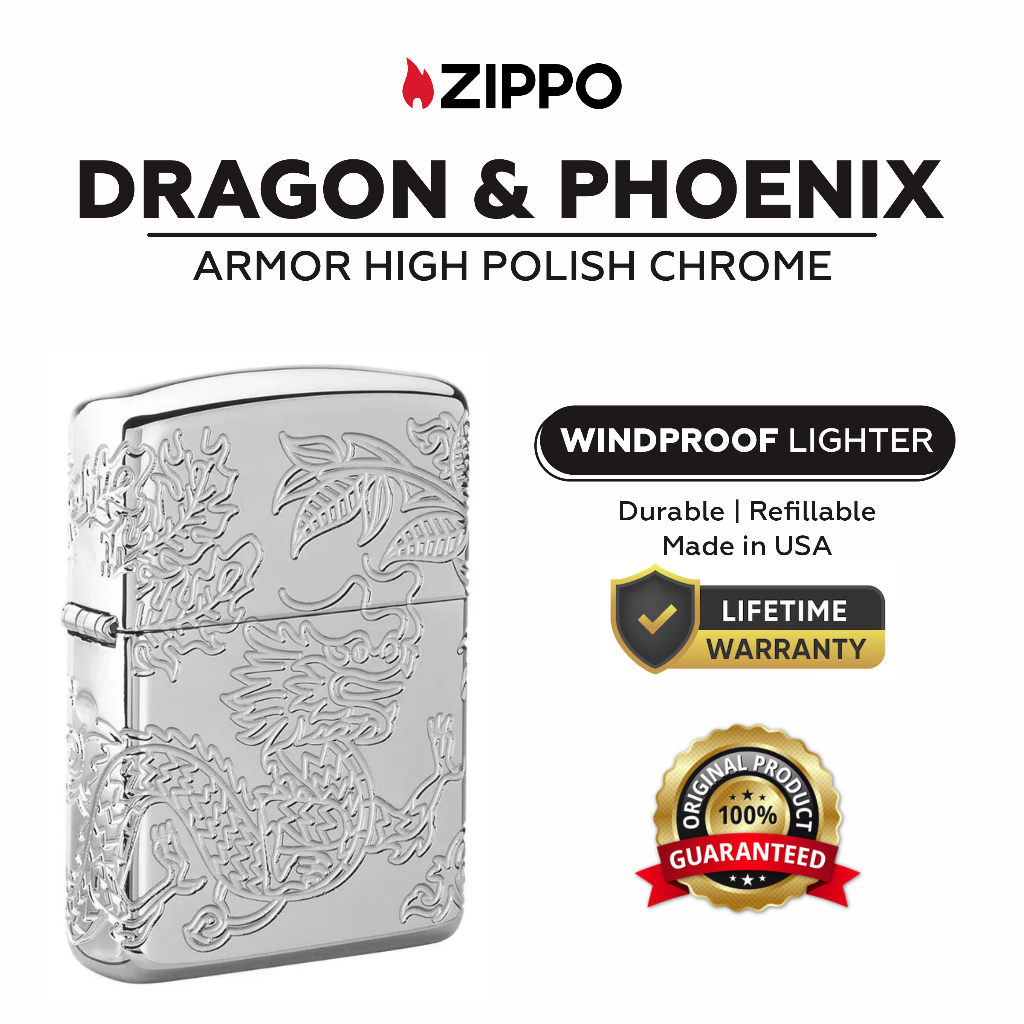 Zippo 1038, Dragon & Phoenix Multi-Cut Armor High Polish Chrome