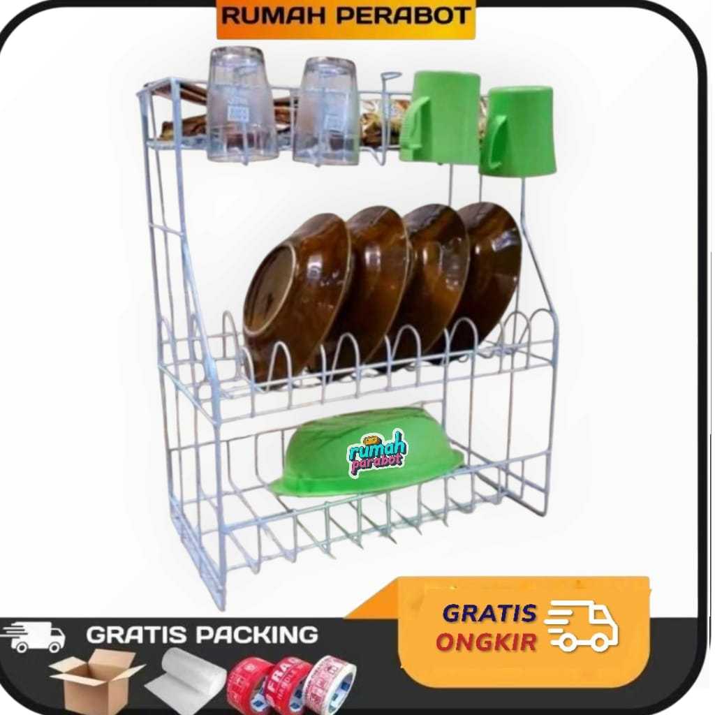 Rak Piring + Gelas Susun rak kawat putih /rak piring susun 3 /RAK PIRING BESI SUSUN 3