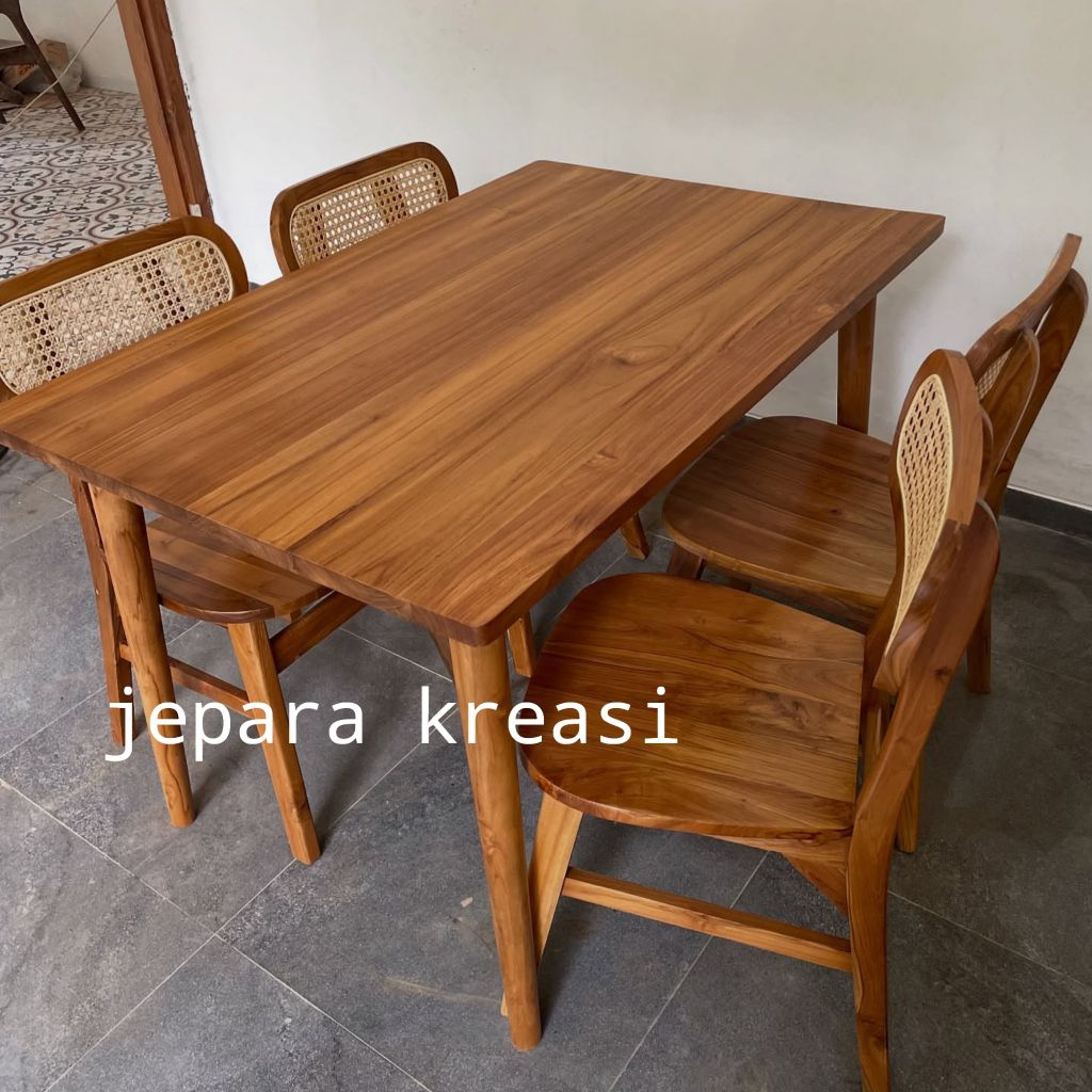 meja makan 4 kursi kayu jati minimalis rotan, meja makan kayu jati 4 kursi rotan minimalis