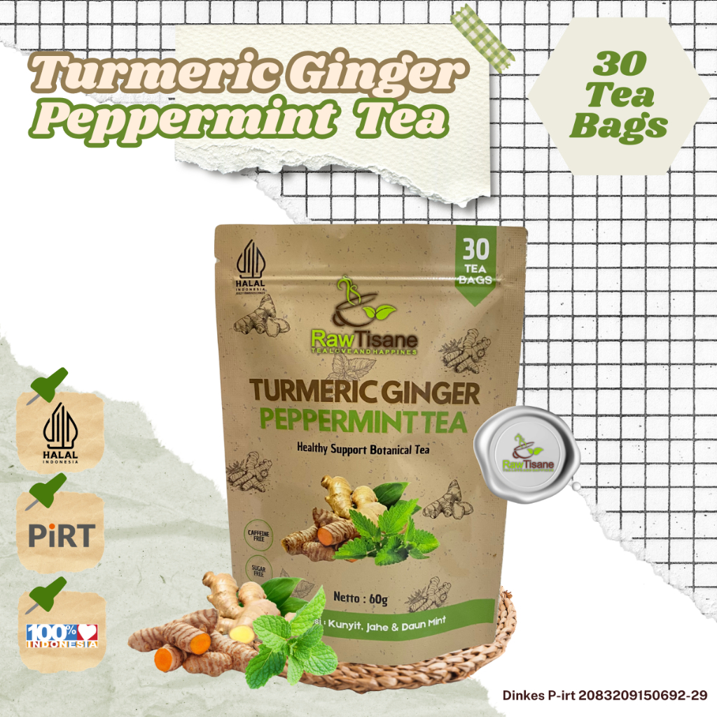 

AKEH RAW TISANE Turmeric Ginger Peppermint Tea : Teh Celup Kunyit, Jahe & Daun Mint Isi 30 Tea Bag