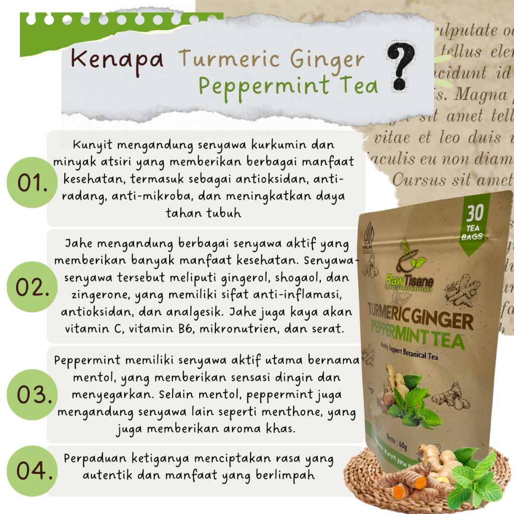 

RK12 RAW TISANE Turmeric Ginger Peppermint Tea : Teh Celup Kunyit, Jahe & Daun Mint Isi 30 Tea Bag