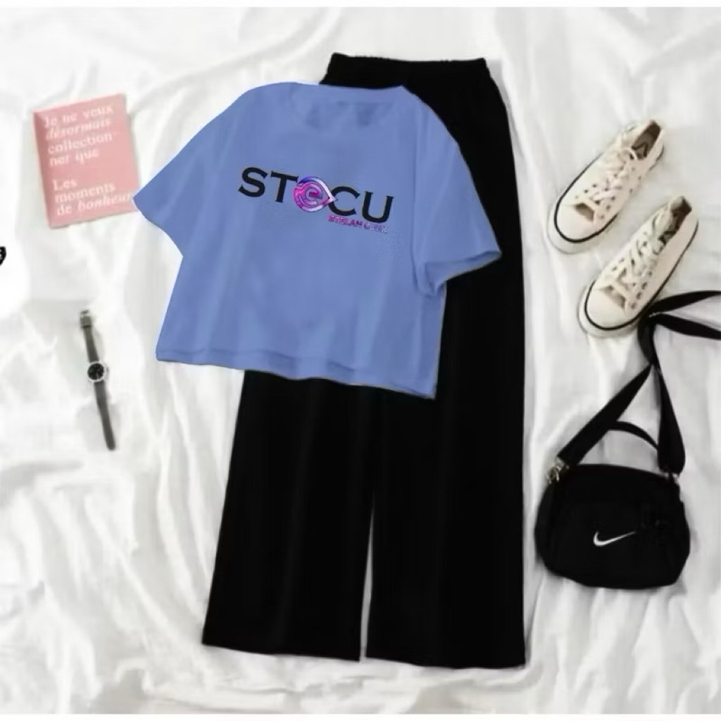 SETELAN CROP STECU KOREAN STYLE KOMBINASI CELANA PANJANG