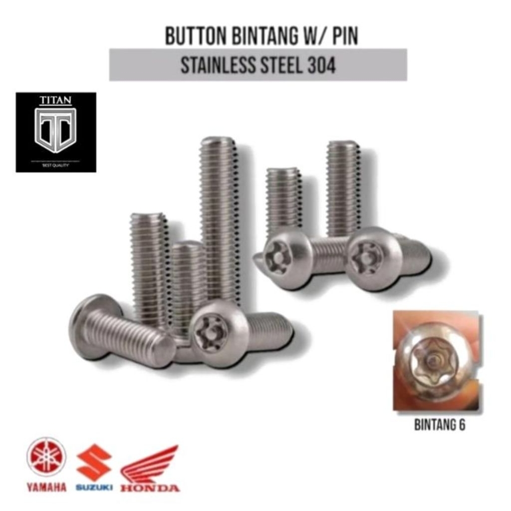 (1 Pcs) Baut Bintang Torq w/ pin M6 x 16 / M6 x 20 / M6 x 25 mm Baut Button W/PIN SS304 Baut Payung