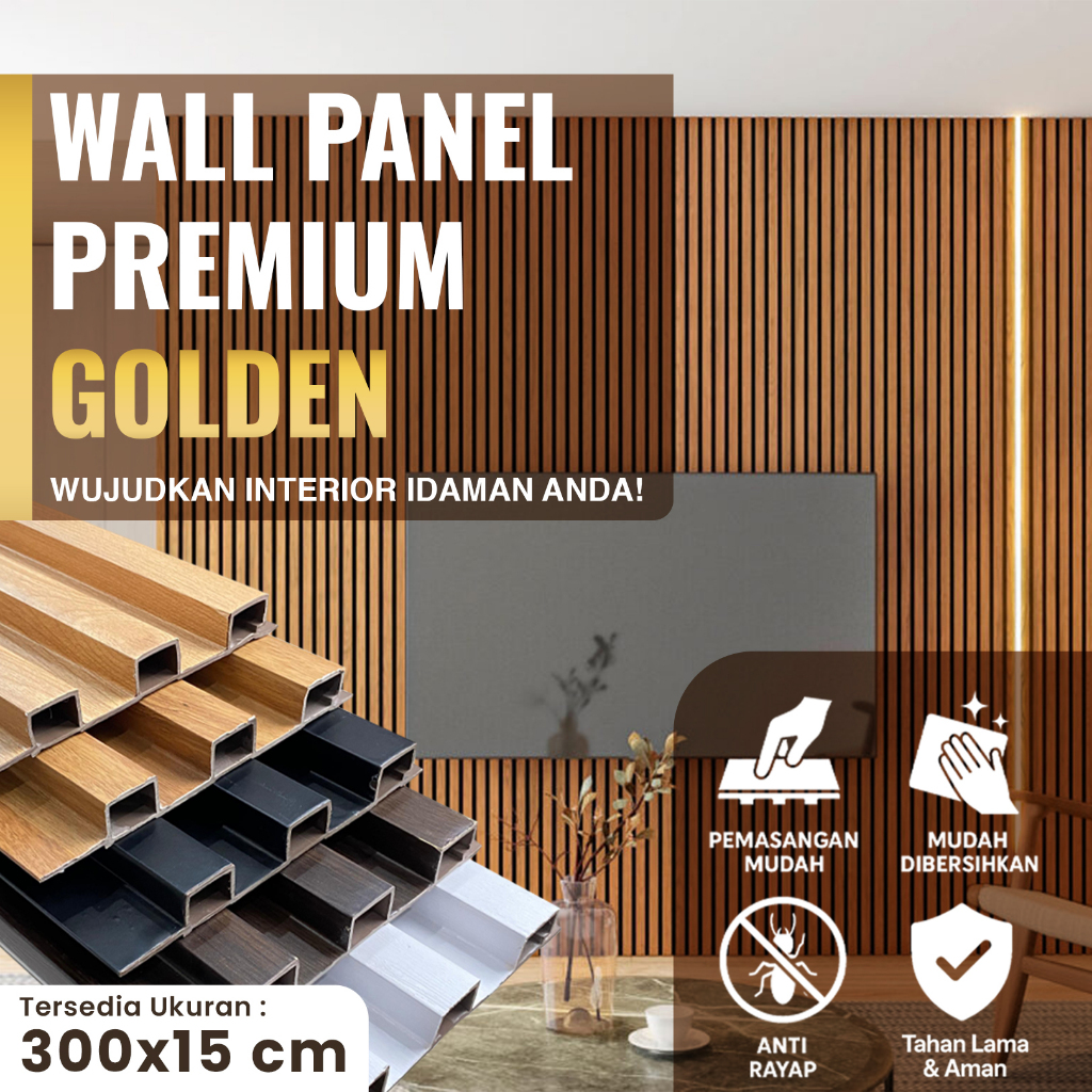 Golden - PREMIUM Wood Panel Dinding WPC Wall Panel Motif Kayu 3D Panjang 3 Meter