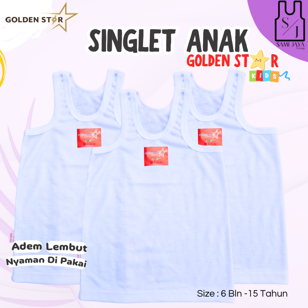 6 PCS Singlet Kaos Dalam Anak umur 0 - Anak ABG Golden Star Putih - Singlet Kaos dalam SD SMP SMA - 