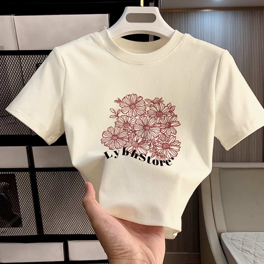 LYBH The world of flowers Print T-shirt Crop Top Y2k Lengan Pendek Kaos Wanita Crop Top Wanita Terba