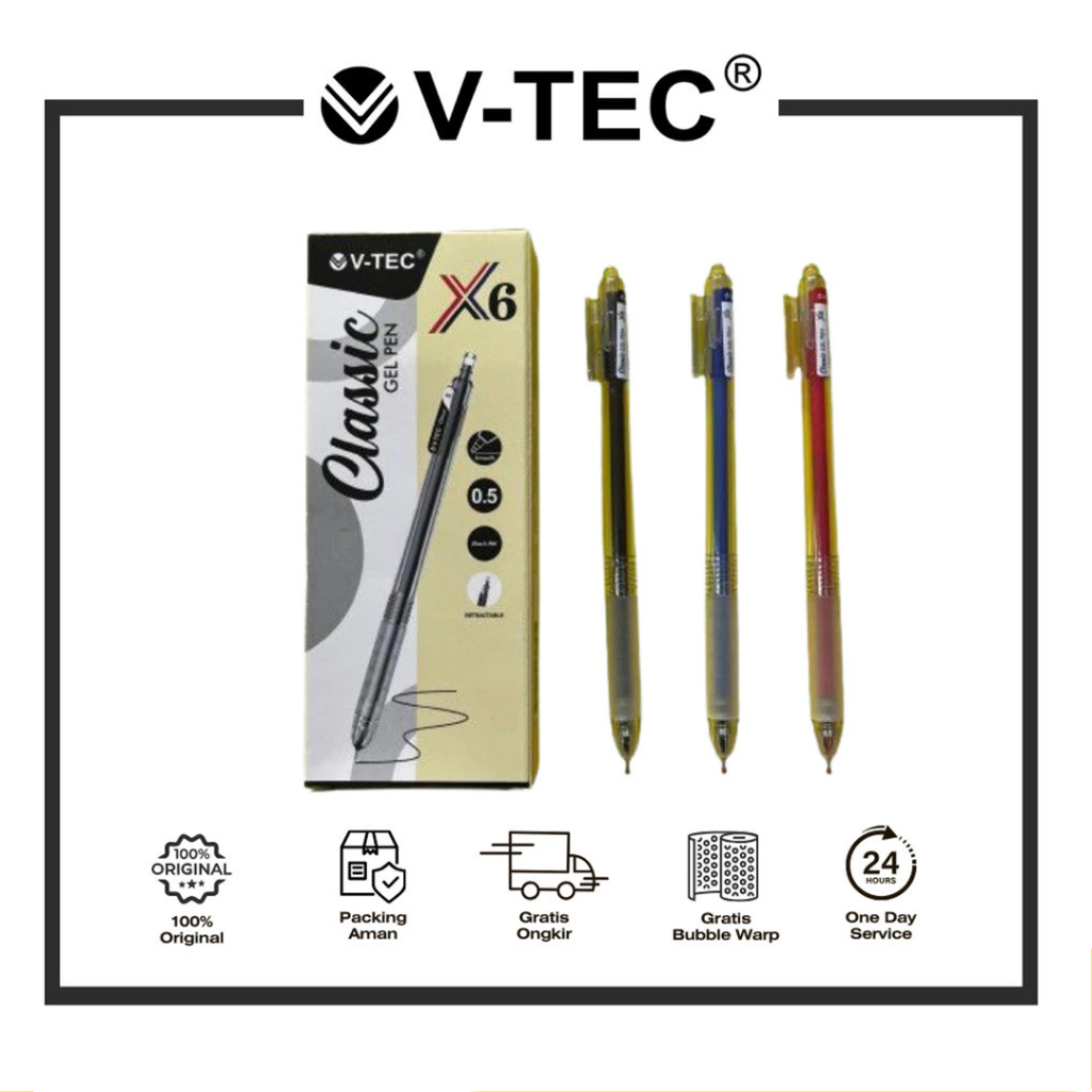 

VTEC Classic X6 GEL PEN 0.5 1 PACK isi 12 warna HITAM / BIRU / MERAH / Bulpen Gel 0.5
