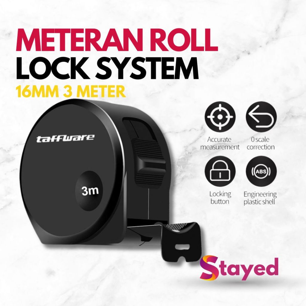 Taffware Meteran Roll Tape Measure Lock System 16mm 3 Meter 18mm 5 Meter - DSH-19 - Black