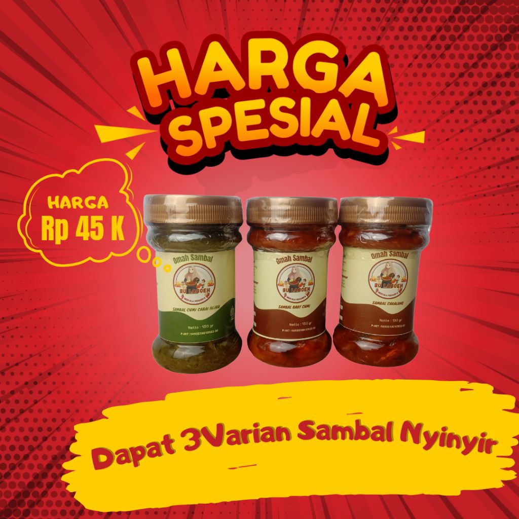 

PAKET SAMBAL NYINYIR 45.000 DAPAT 3 SAMBAL VARIAN SAMBAL BABY CUMI, CAKALANG & CUMI CABAI HIJAU