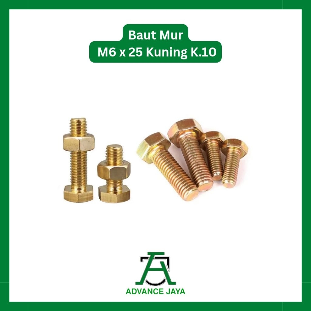 Baut Mur Hex M6 x 25 Kuning kunci 10