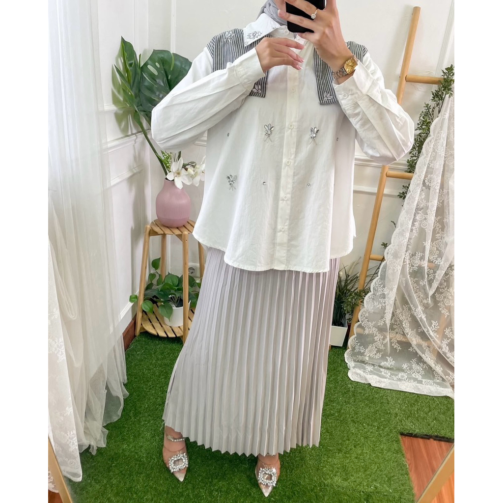 7085 - Atasan Wanita Kemeja Polos Mix Salur Premium Dengan Mutek Lengan Panjang