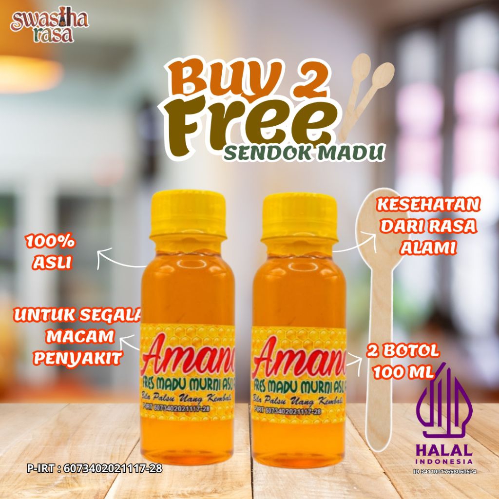 

Amanda Paket Kembar 1 Madu Murni 100 ML Tanpa Campuran Beli 2 Gratis Sendok Madu Untuk Saya Tahan Tubuh
