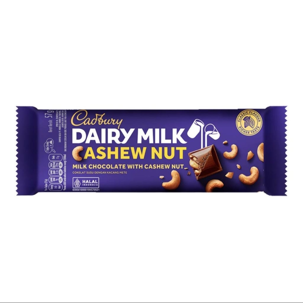 

Cokelat Cadbury Dairy Milk Cashew Nut 58gr - Cokelat Susu dengan Kacang Mede Renyah Coklat Camilan Creamy, Lezat, dan Berkualitas