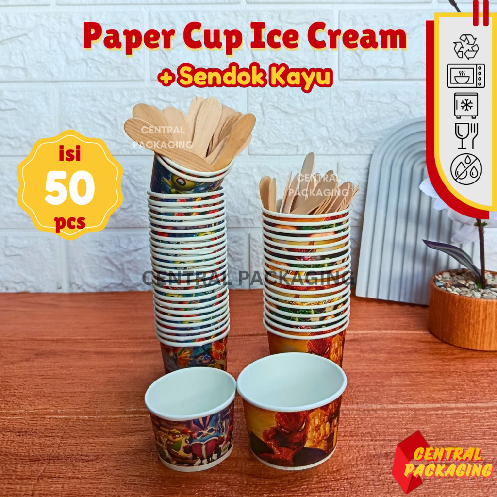 [50 pcs] Paper Cup Ice Cream + Sendok Kayu 60 ml 100 ml / Tempat Cup Es Krim Kecil dan Besar 60 ml 1