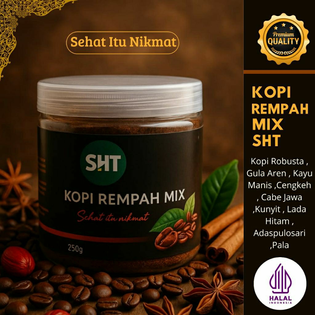 

Kopi Rempah Mix SHT | Kopi Herbal Stamina | Kopi Robusta dengan Rempah Pilihan dan Gula Aren