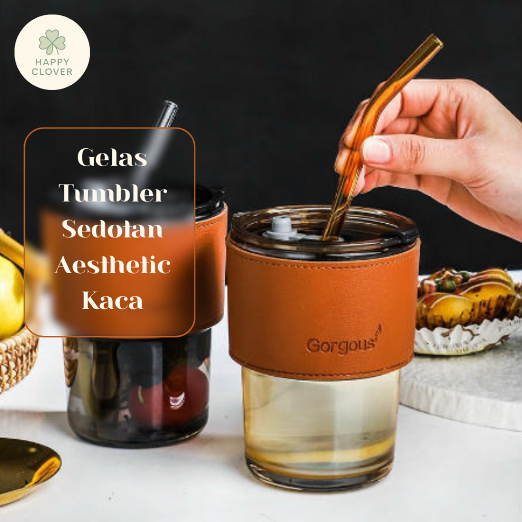 TUMBLER GELAS KACA VINTAGE AESTHETIC BOTTLE CUP FOR COFFEE SIMPLE WATER - FREE STRAW KACA / Gelas ae